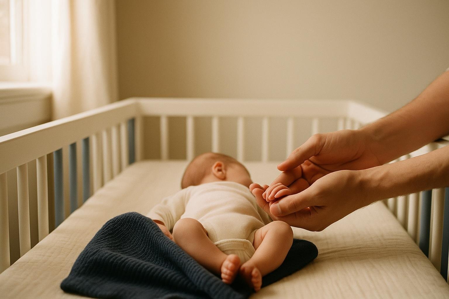 Padre sosteniendo con delicadeza la mano de su bebé recién nacido en una cuna en casa